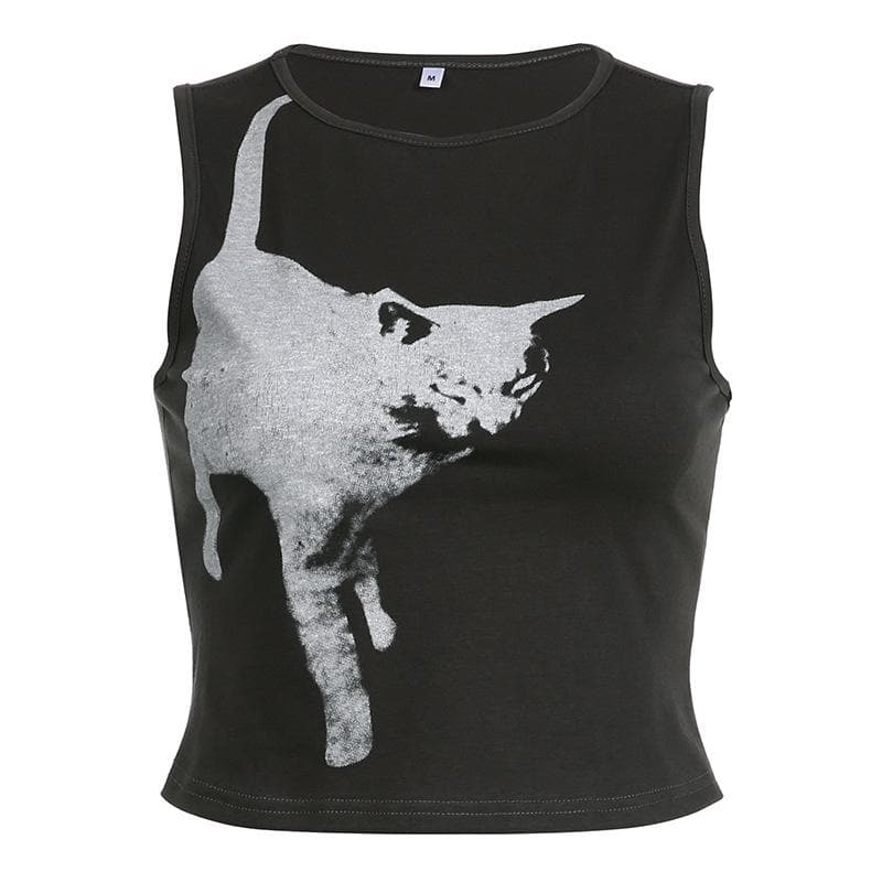 Top girocollo senza maniche a contrasto con motivo a gatto 