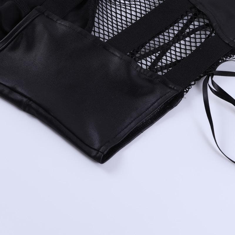 Backless v neck o ring lace up fishnet hollow out solid cami crop top