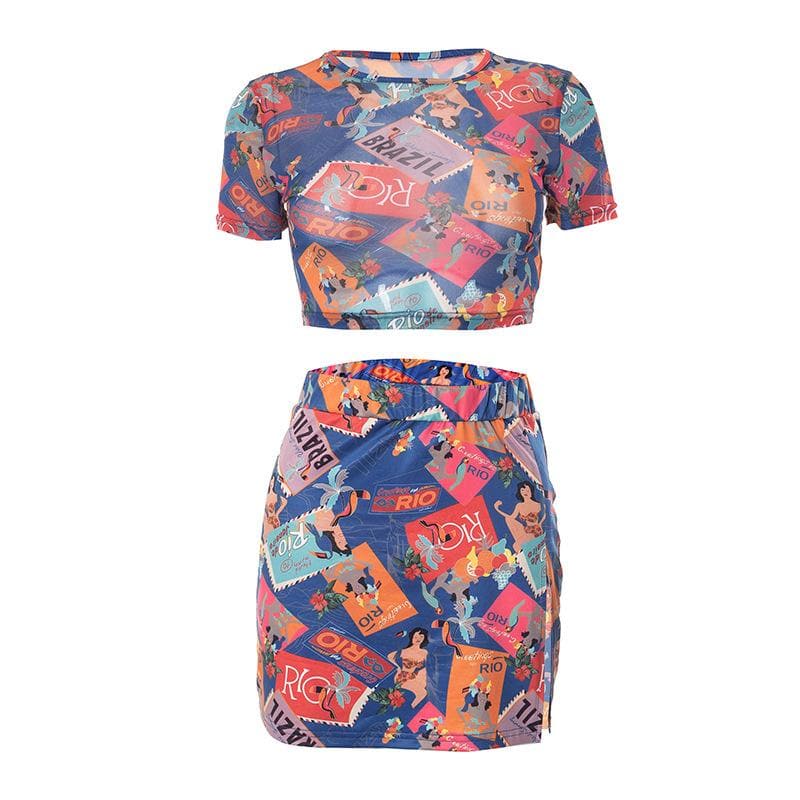 Abstract Print Mesh Short Sleeve Crewneck Contrast Mini Skirt Set