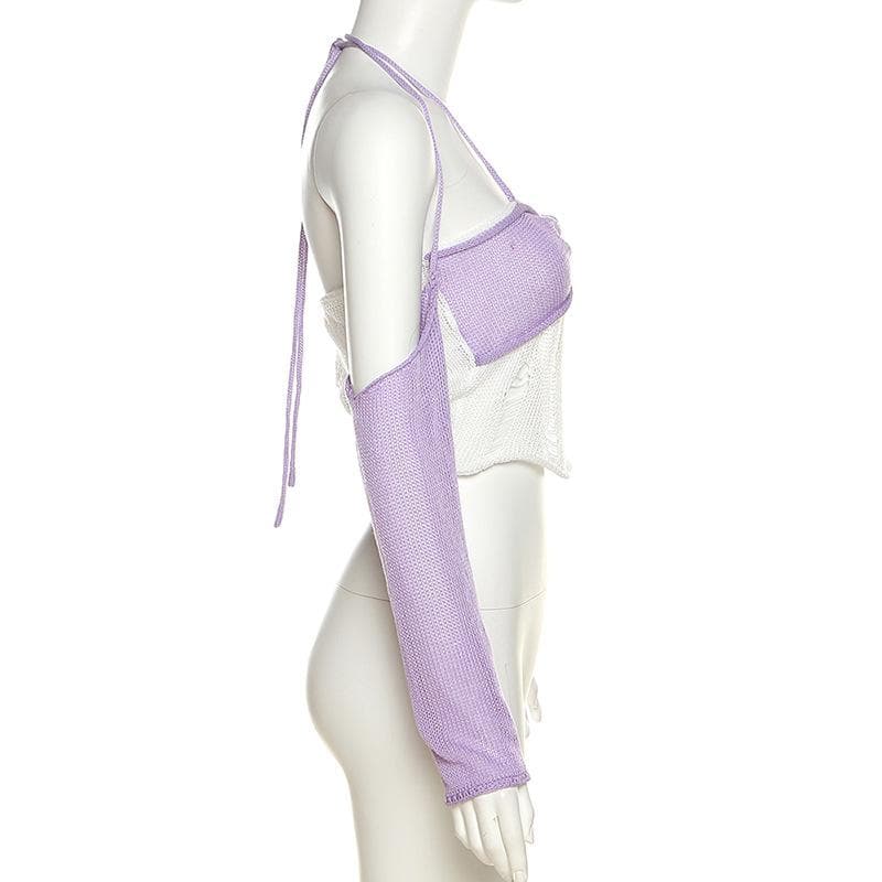 Crochet contrast off shoulder halter gloves ruched crop top