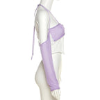 Crochet contrast off shoulder halter gloves ruched crop top