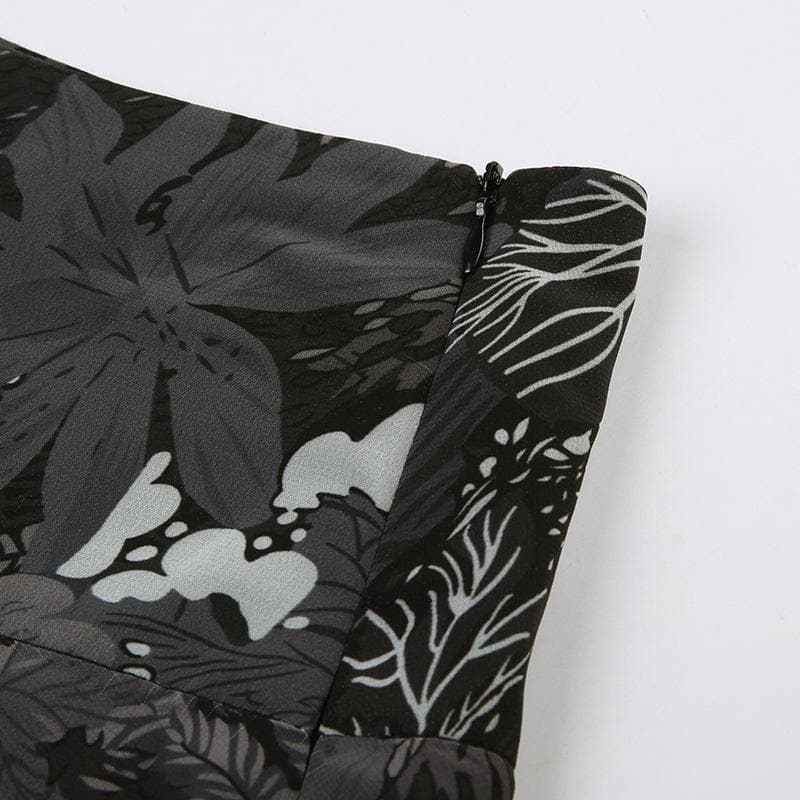 Chiffon zip-up irregular leaf print contrast mini skirt