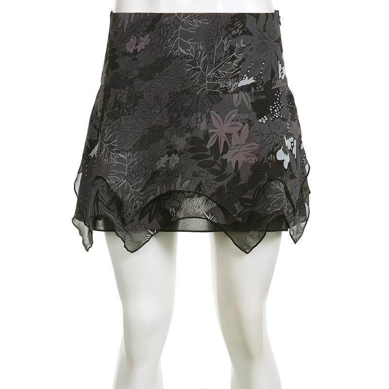 Chiffon zip-up irregular leaf print contrast mini skirt