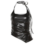Self tie halter backless irregular PU leather square neck top