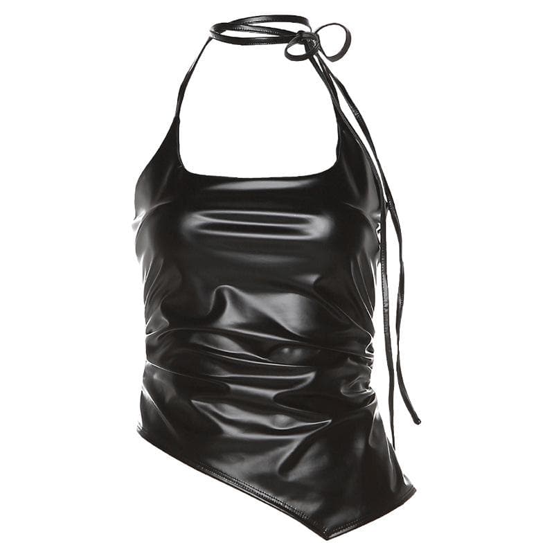 Top in similpelle con scollo quadrato irregolare, senza schienale e allacciatura all'americana