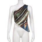 Abstract Print Contrast One Shoulder Irregular Crop Top