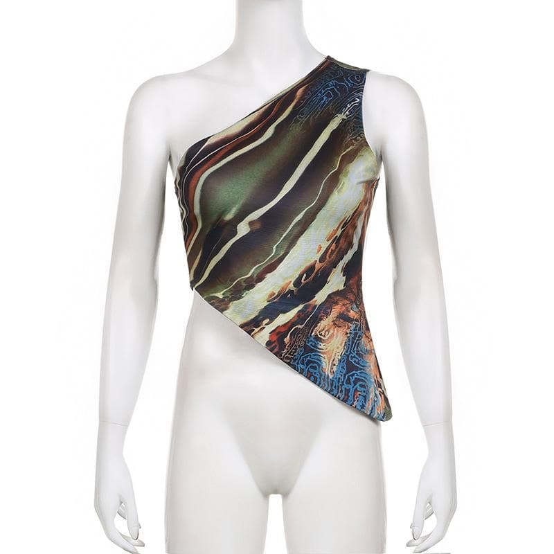 Abstract Print Contrast One Shoulder Irregular Crop Top