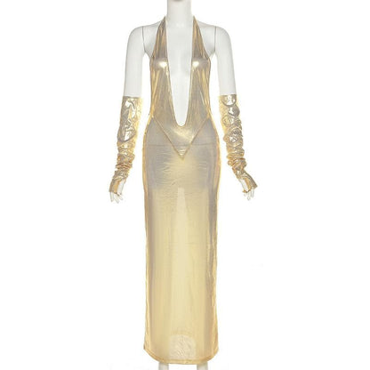 Neckholder-Maxikleid mit V-Ausschnitt und rückenfreien Handschuhen zum Selbstbinden in Metallic