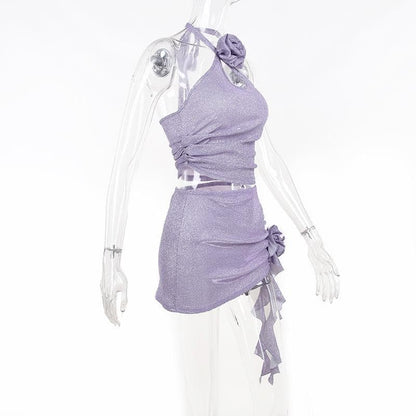 Solid halter flower applique hollow out textured mini skirt set