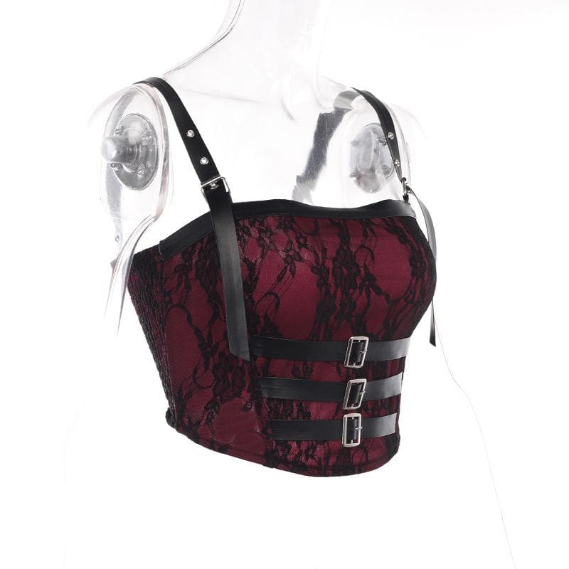Top corto con scollo quadrato, schiena scoperta, pizzo smock e fibbia a contrasto 
