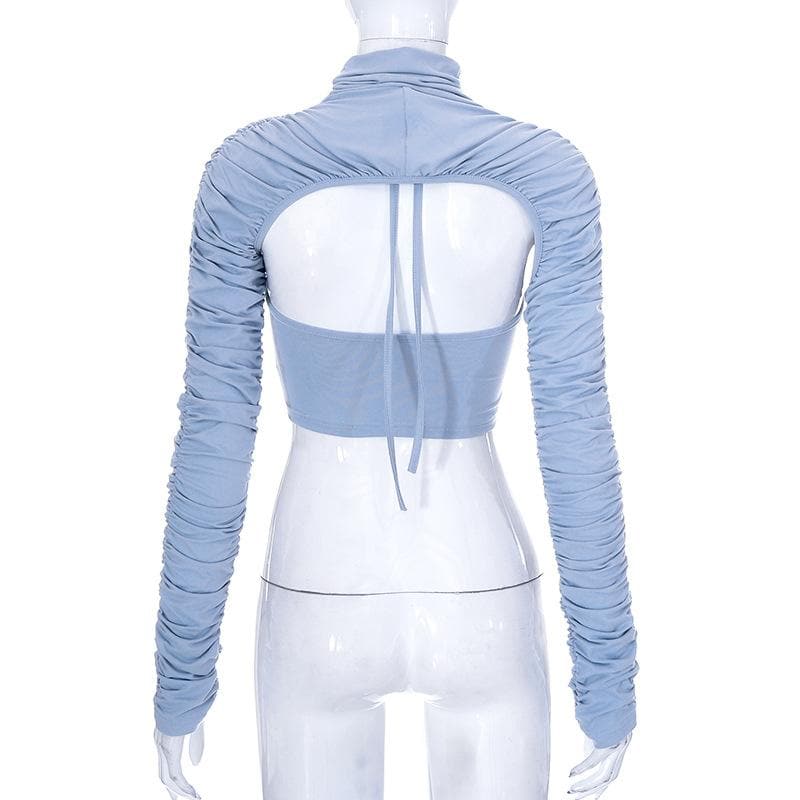 Top corto in due pezzi con collo alto, maniche lunghe e arricciate 