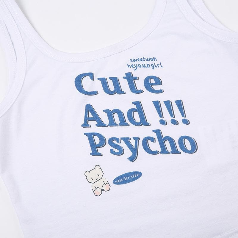 Sleeveless "Cute And Psycho" pattern u neck backless contrast crop top
