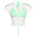 Short sleeve contrast 2 piece hollow out front crop top
