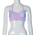 Sheer mesh tie dye stone pendant halter backless self tie crop top