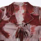 Sheer mesh see through long sleeve tie dye ruffle self tie crop top