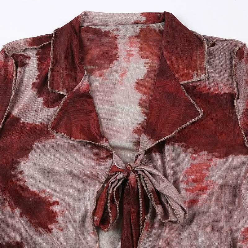 Sheer mesh see through long sleeve tie dye ruffle self tie crop top
