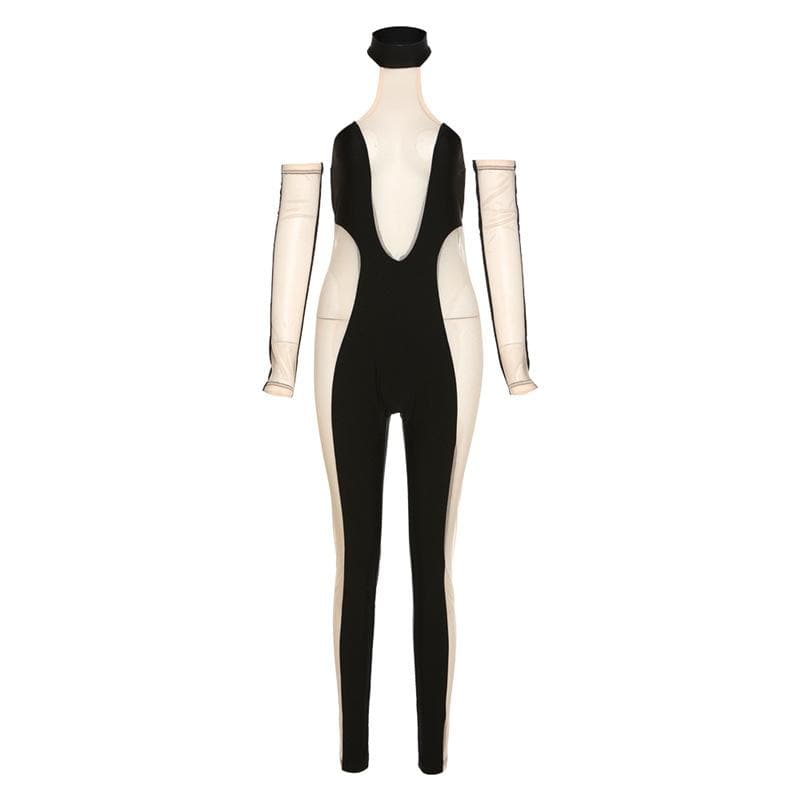 Rückenfreier Jumpsuit mit Neckholder und Netz-Patchwork und Kontrasthandschuhen
