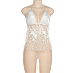 Embroidery v neck self tie halter solid backless top