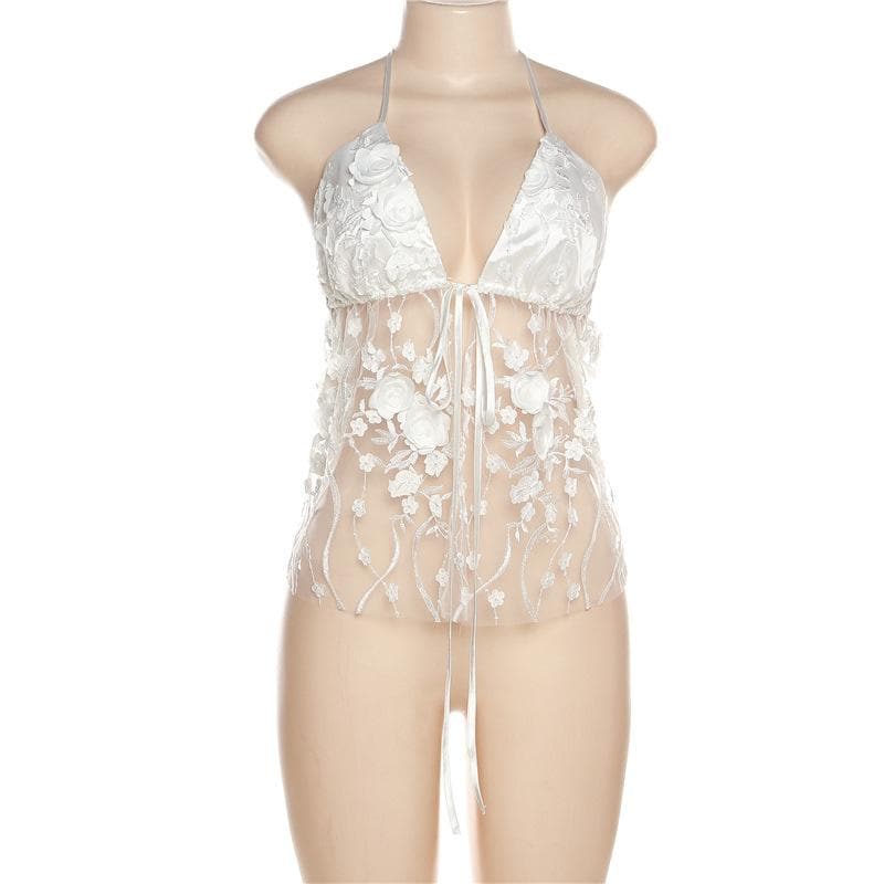 Embroidery v neck self tie halter solid backless top