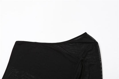 Minikleid aus Netzstoff mit unregelmäßiger Rüschenpartie und One-Shoulder-Träger