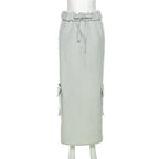 Ruched pocket cargo solid low rise maxi skirt