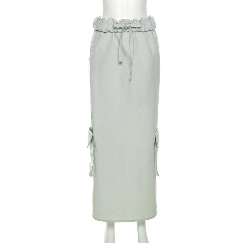 Ruched pocket cargo solid low rise maxi skirt