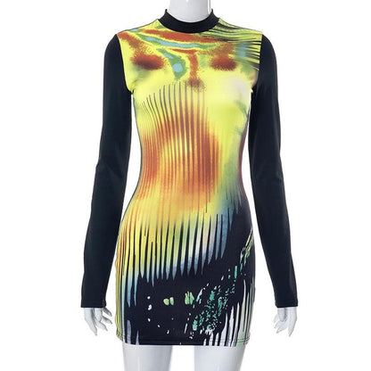 Contrast print long sleeve high neck patchwork mini dress