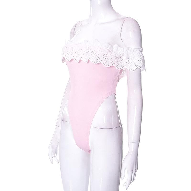 Ribbed lace hem contrast off shoulder backless bodysuit