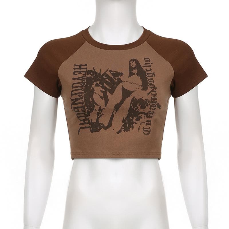 Abstract Print Patchwork Contrast Short Sleeve Crewneck Crop Top