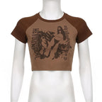 Abstract Print Patchwork Contrast Short Sleeve Crewneck Crop Top