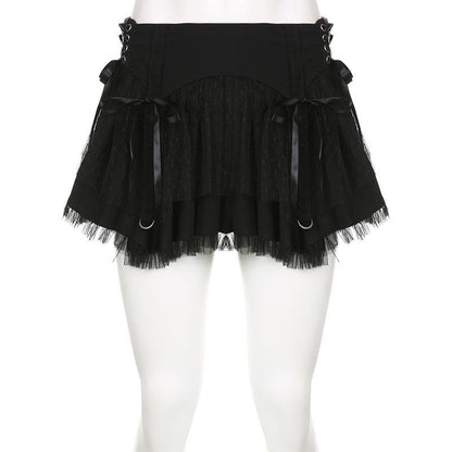 Lace up zip-up patchwork ruched mesh low rise solid mini skirt