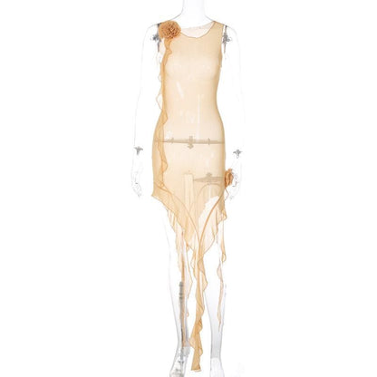 Ärmelloses Midikleid aus transparentem Netzstoff mit Rüschen und Blumenapplikation