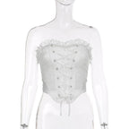 Lace hem solid self tie backless lace up tube crop top