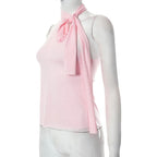 Irregular self tie one shoulder solid sleeveless top