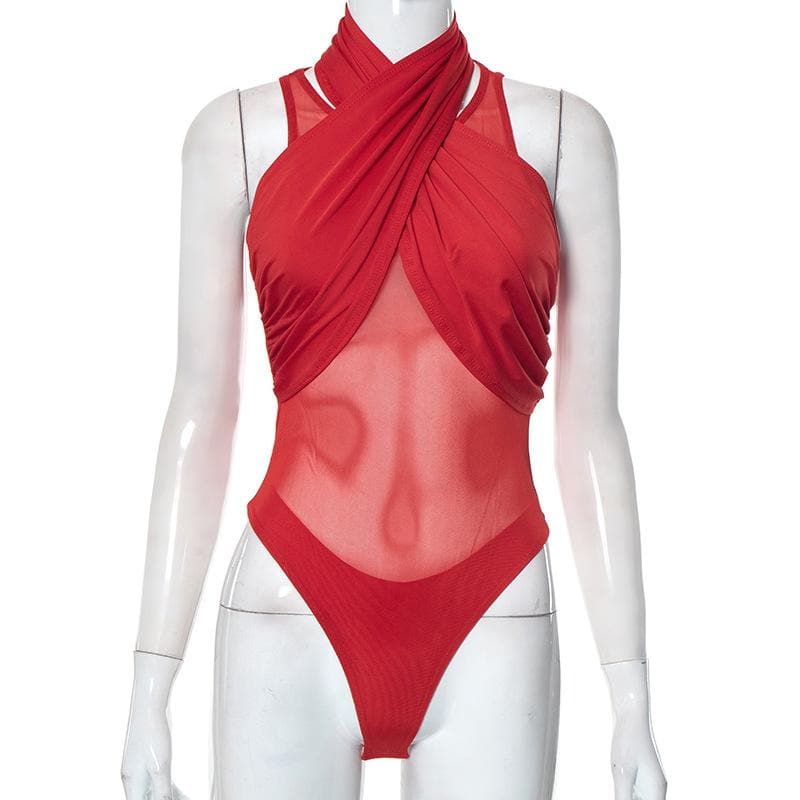 Body senza maniche con incrocio sul davanti in rete 