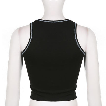 Crewneck sleeveless abstract contrast stitch crop top