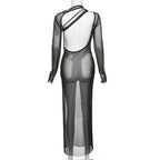 Mesh see through irregular long sleeve hollow out backless solid maxi dress