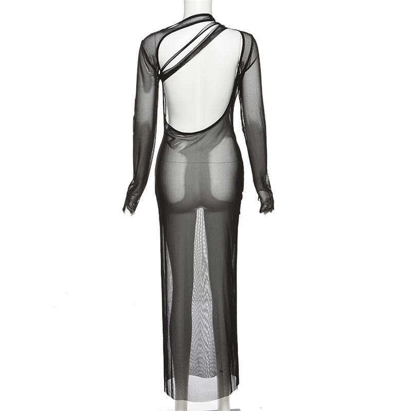Mesh see through irregular long sleeve hollow out backless solid maxi dress