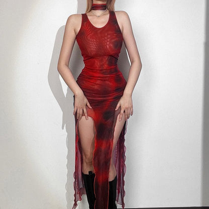 Ärmelloses Midikleid aus transparentem Netzstoff mit Kontrastdruck und Schlitz