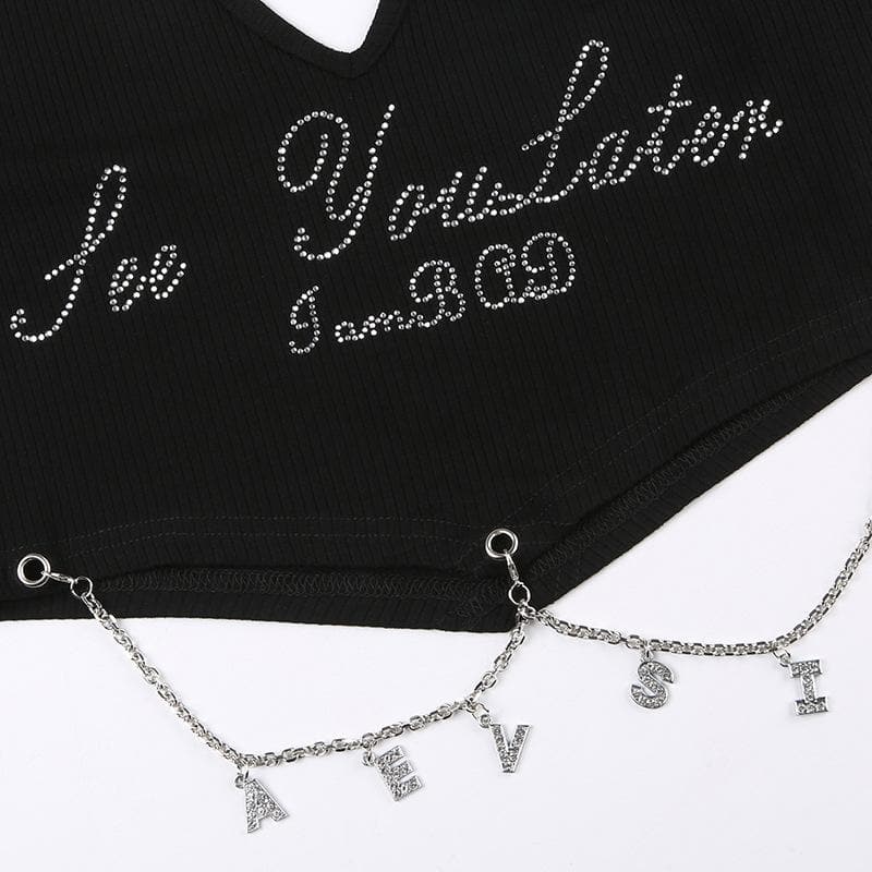 Halter beaded backless metal chain crop top