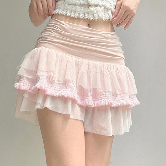 Ruched ruffle contrast patchwork mesh mini skirt
