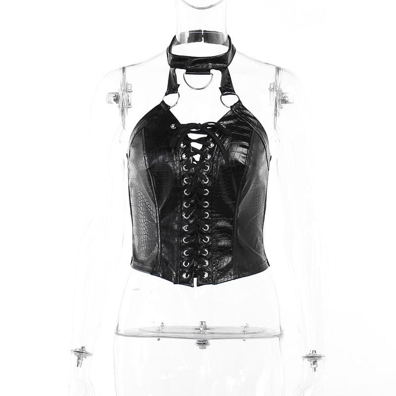 Lace up halter o ring backless PU leather crop top