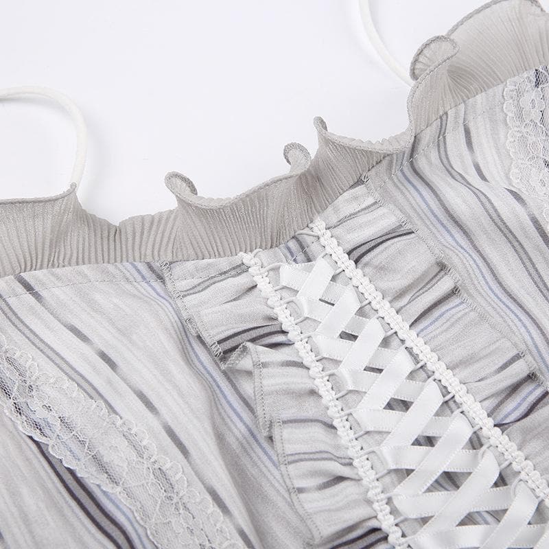 Ruffle striped contrast lace hem corset lace up backless top