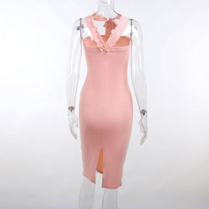 Geripptes, einfarbiges Midikleid mit Schlitz, Blumenapplikation und Rüschenband