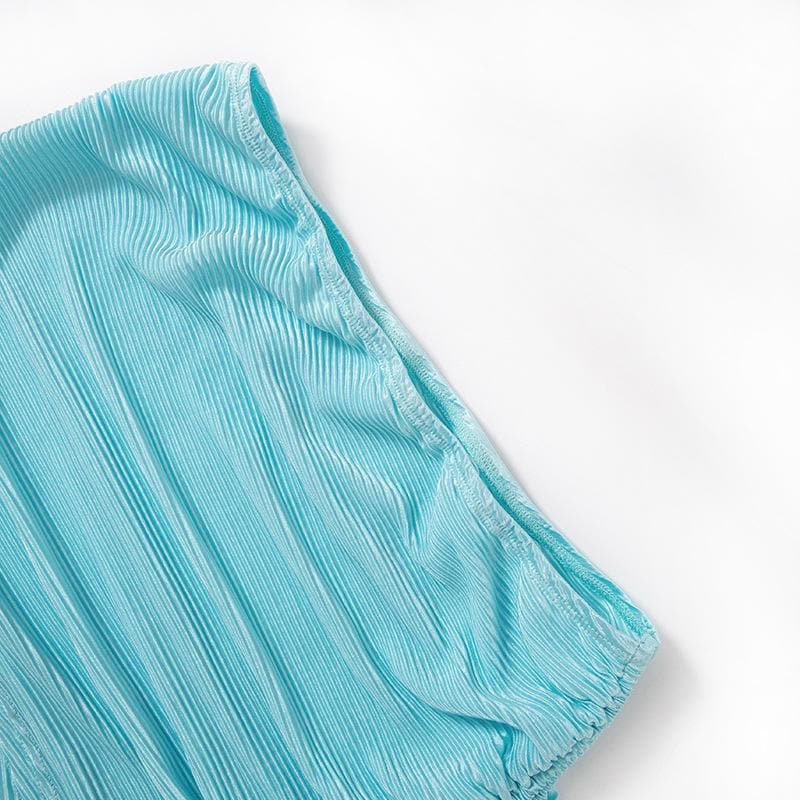 Textured self tie flared sleeve drawstring v neck mini skirt set
