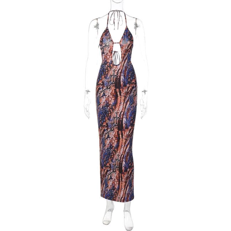 Backless hollow out halter self tie contrast print maxi dress