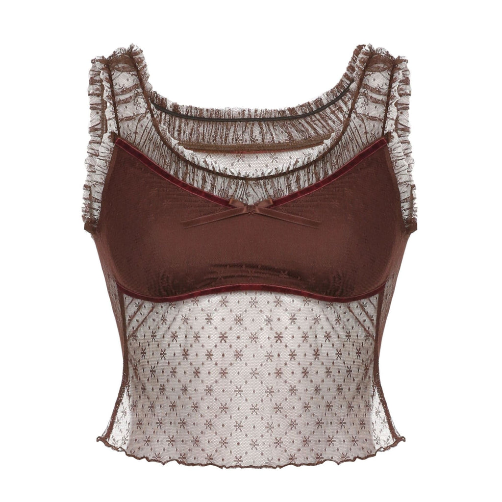 Top corto senza maniche in rete con volant patchwork 