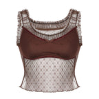 Top corto senza maniche in rete con volant patchwork 
