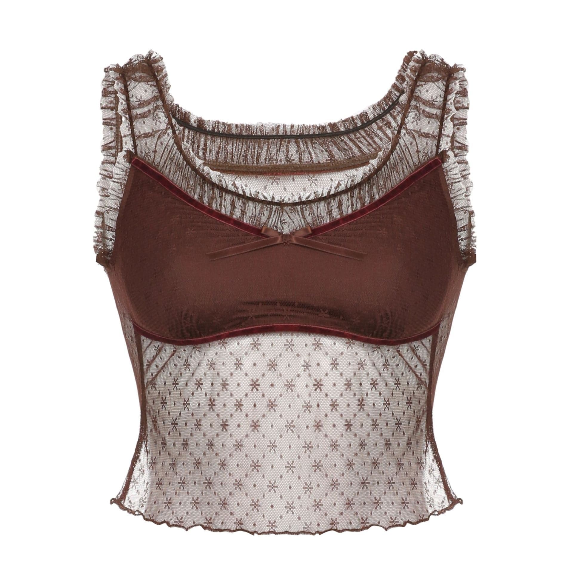 Top corto senza maniche in rete con volant patchwork 