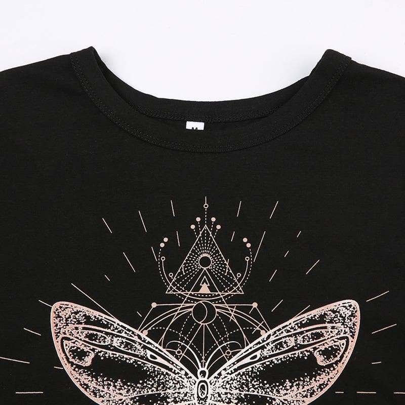 Butterfly pattern crewneck contrast short sleeve crop top